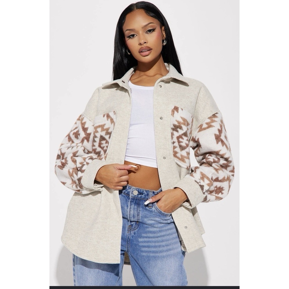Aztec Shacket Cream Geometric Button Front Oversized Jacket Women Size S *Read